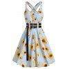Robe Ceinturée Fleur Imprimée avec Bouton - Bleu Ciel Léger 2XL