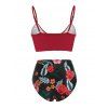Floral Tummy Control Bikini Swimsuit Ruffle Cutout Swimwear Set - RED S