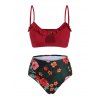 Floral Tummy Control Bikini Swimsuit Ruffle Cutout Swimwear Set - RED 3XL