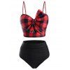 Tummy Control Tankini Swimwear Plaid Print Bathing Suit Bowknot Push Up Ruched Underwire Beach Swimsuit - RED 2XL
