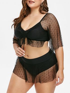 Dots Mesh Panel Cinched Plus Size Two Piece Swimwear