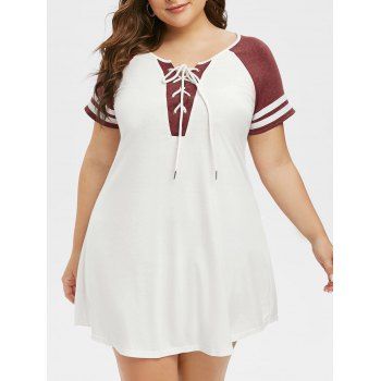 Image of Lace Up Stripes Panel Plus Size Casual Dress