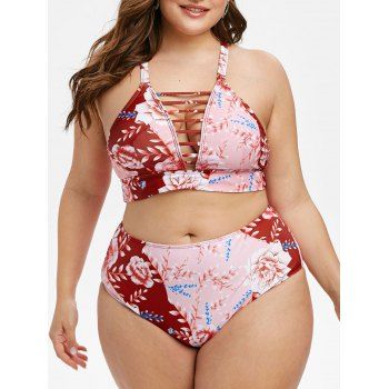 

Plus Size Halter Lattice Floral Print Bikini Swimwear, Pink