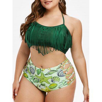 

Plus Size Starfish Print Fringed Criss Cross Tankini Swimwear, Tea green