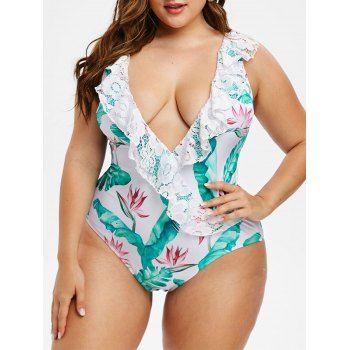 

Palm Leaves Lace Panel Flounces Plus Size Swimsuit, Medium turquoise