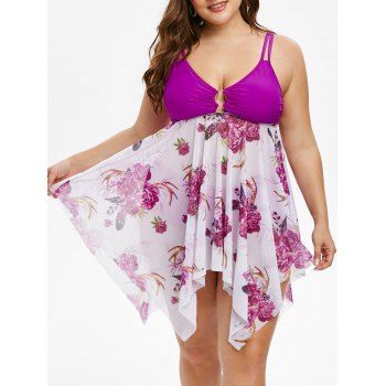 

Floral O Ring Handkerchief Plus Size Tankini Swimwear, Plum