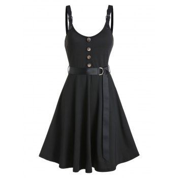 

Buckle Strap Mock Button Belted Dress, Black