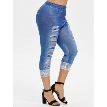 

Plus Size 3D Ripped Print Capri Jeggings, Blue