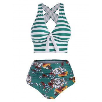 

Striped Tied Crisscross Tummy Control Bikini Swimwear, Greenish blue