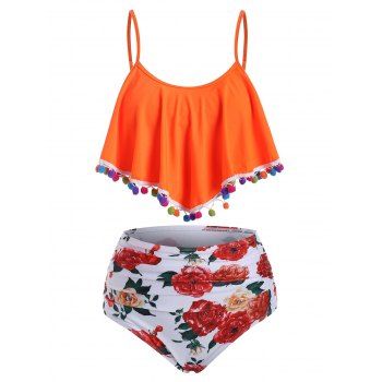 

Flounce Pompom Trim Ruched Print Tankini Swimwear, Orange