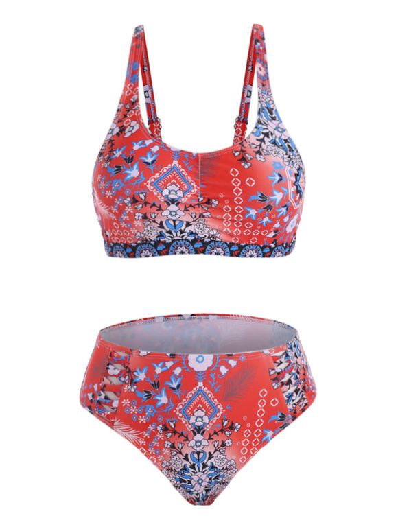 Floral Ruched Criss Cross Bikini Swimwear - RED S