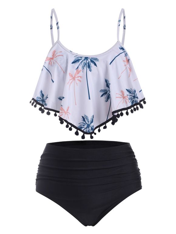 Maillot de Bain Tankini Imprimé à Ourlet à Volants à Pompons - Blanc M