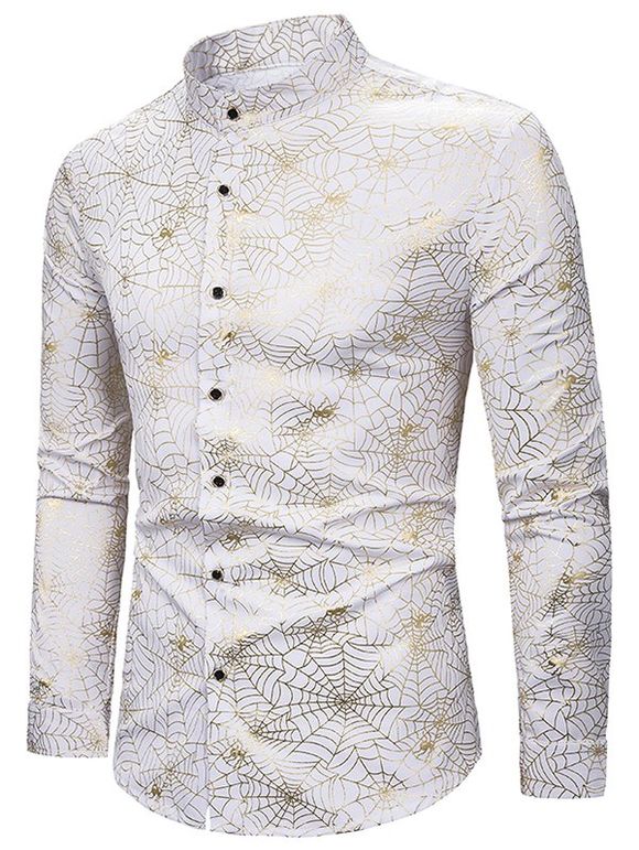 Chemise Boutonnée Motif de Toile d'Araignée Dorée à Col Debout - Blanc XL