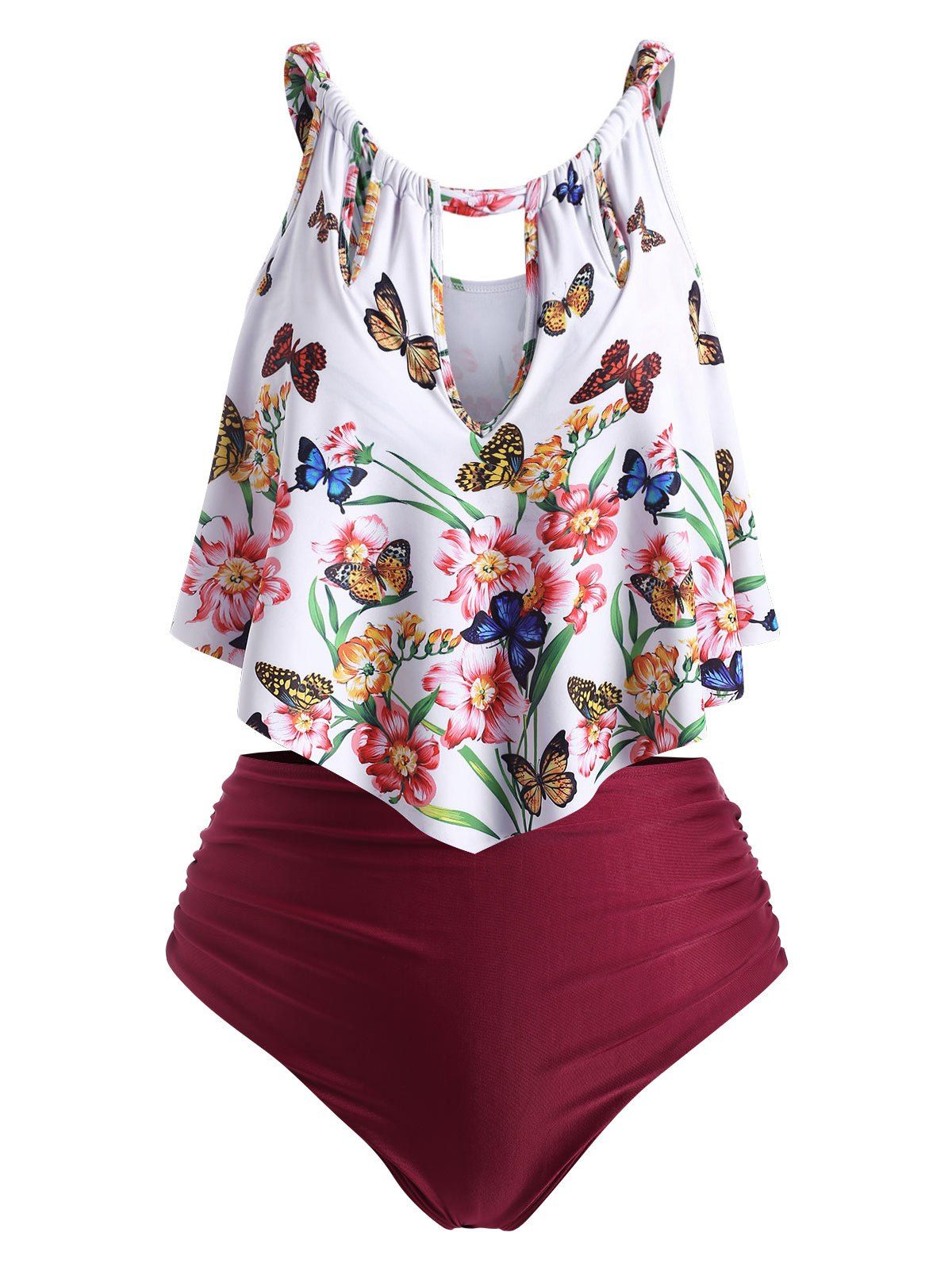 [30% OFF] 2021 Plus Size Cutout Floral Butterfly Print Tankini Swimwear ...
