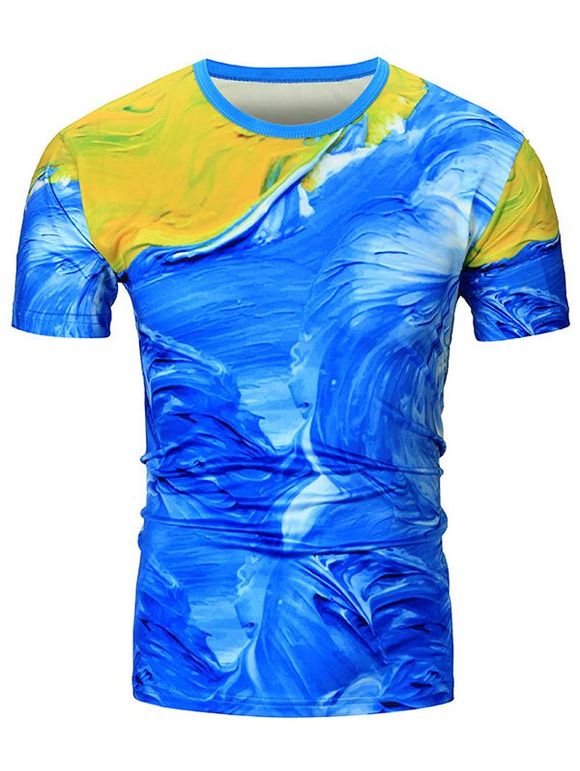 T-shirt Peinture Aquarelle Imprimé à Manches Courtes - Bleu M