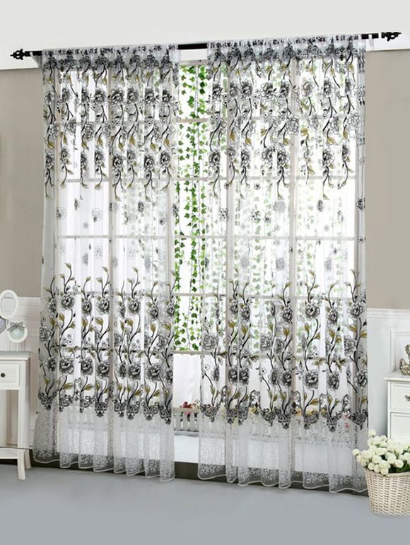 Rideau de Fenêtre Festonné Motif Pivoine - Gris Carbone 100*200CM