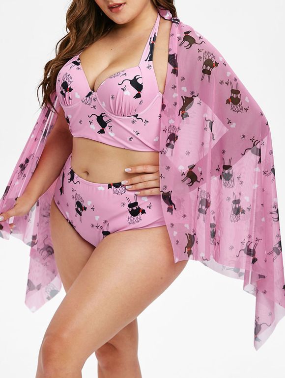 Plus Size Cat Print Underwire Tankini Swimwear with Cover Up - PIG PINK 2X