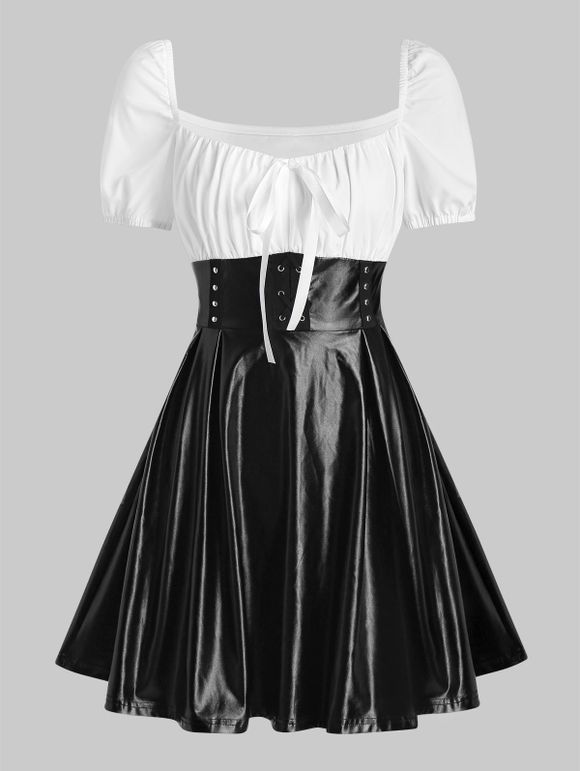Robe Evasée Embellie de Rivet en Faux Cuir - Noir XL