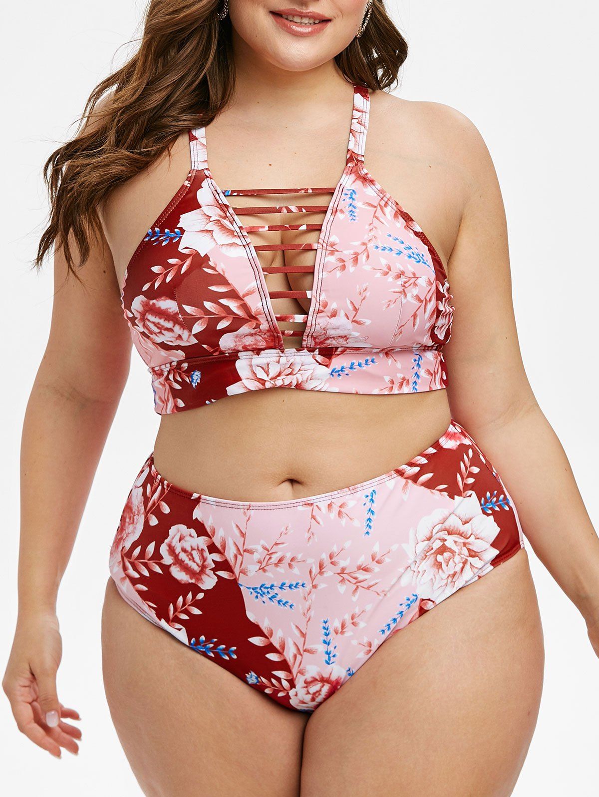 Plus Size Halter Lattice Floral Print Bikini Swimwear - PINK L