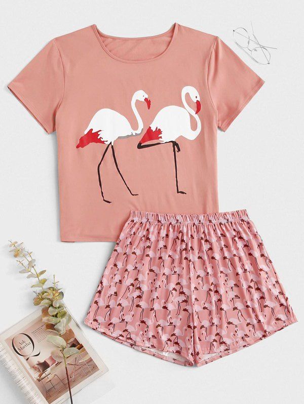 [33% OFF] 2020 Flamingo Print Plus Size Short Pajama Set In PINK ...