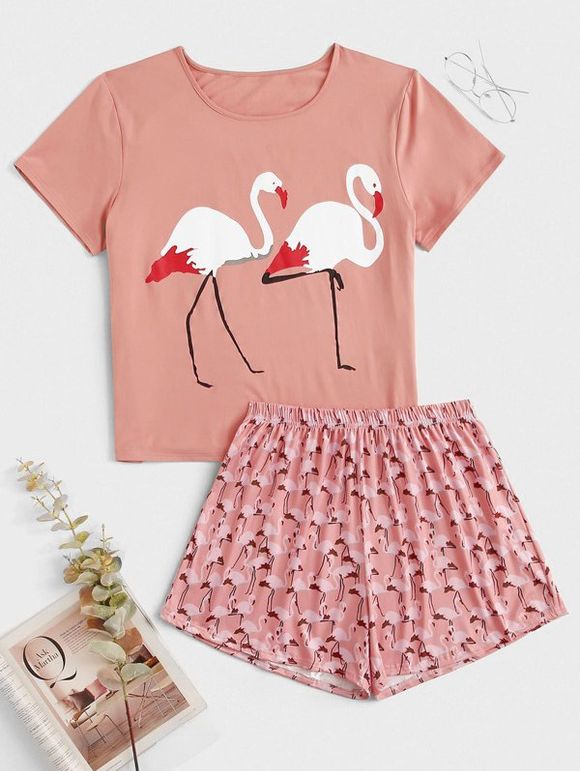 Ensemble de Pyjama Court Flamant Imprimé de Grande Taille - Rose 3X