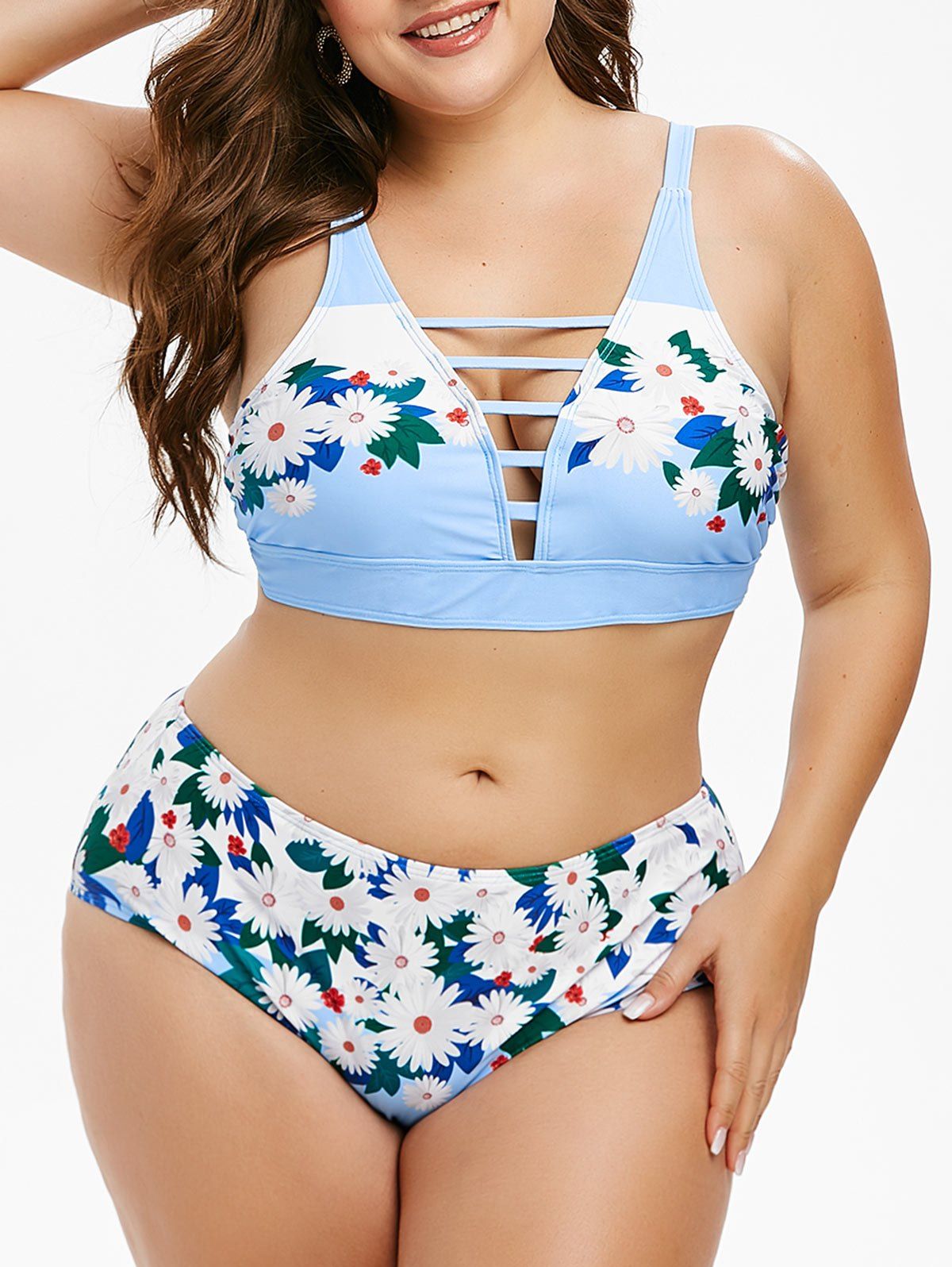 Plus Size Lattice Floral Print Bikini Set - SEA BLUE 5X