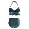 Maillot de Bain Bikini Vintage à Volants en Velours à Col Halter - Vert Mer Moyen S