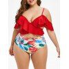 Maillot de Bain Palmier Imprimé de Grande Taille à Volants Deux Pièces - Rouge Lave 1X