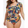 Maillot de Bain Tankini Fleuri Papillon Imprimé de Grande Taille à Volants - multicolor 1X