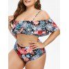 Maillot de Bain Tankini Fleur Imprimée à Epaule Dénudée de Grande Taille - Noir 2X