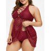Maillot de Bain Tankini Superposé Croisé en Dentelle de Grande Taille - Rouge Vineux 5X