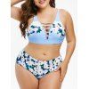 Plus Size Lattice Floral Print Bikini Set - SEA BLUE L