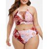 Maillot de Bain Bikini Fleuri Imprimé de Grande Taille en Treillis à Col Halter - Rose 4X