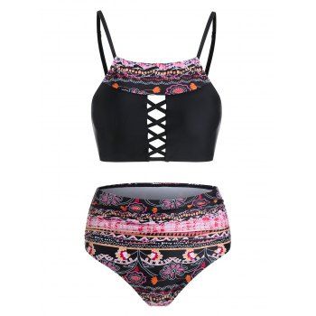 

Floral Print Spaghetti Strap Padded Bikini Set, Black