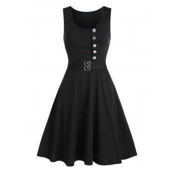 

Button Buckle Embellished Fit And Flare Dress, Black