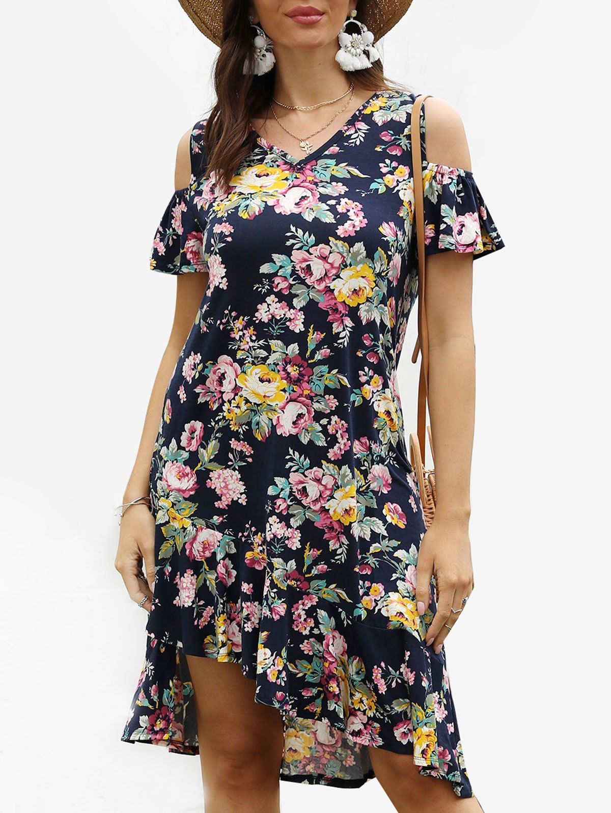Floral Print Cold Shoulder Asymmetric Dress - BLACK S