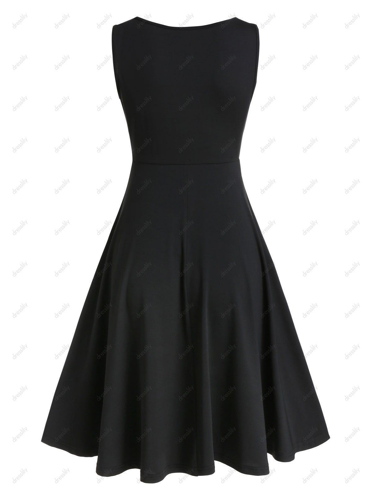 Robe Ajustée Evasée Bouclée Embellie de Bouton - Noir 3XL