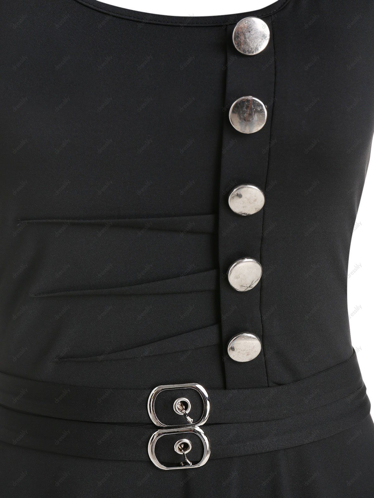 Robe Ajustée Evasée Bouclée Embellie de Bouton - Noir 3XL