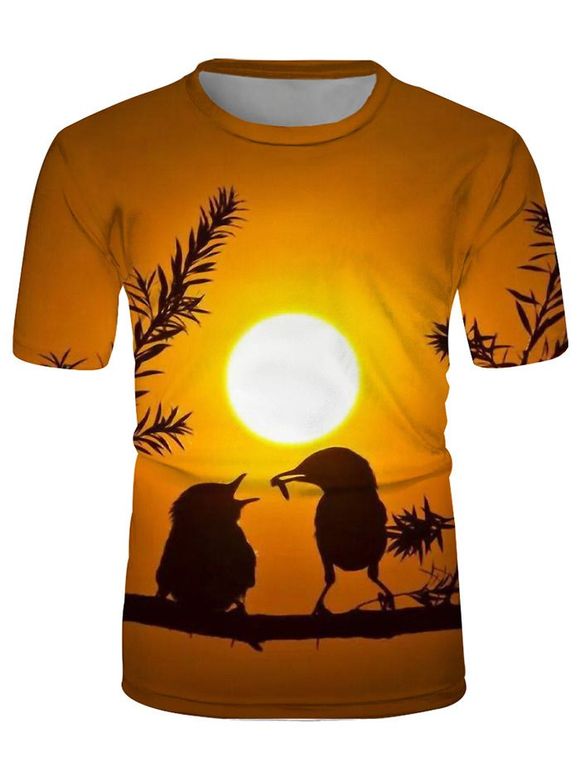 T-shirt Oiseaux Couche de Soleil Graphique à Col Rond - multicolor XL
