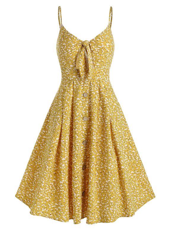 Summer Tiny Floral Print Sundress Spaghetti Strap Cut Out Knotted Dress - BRIGHT YELLOW M