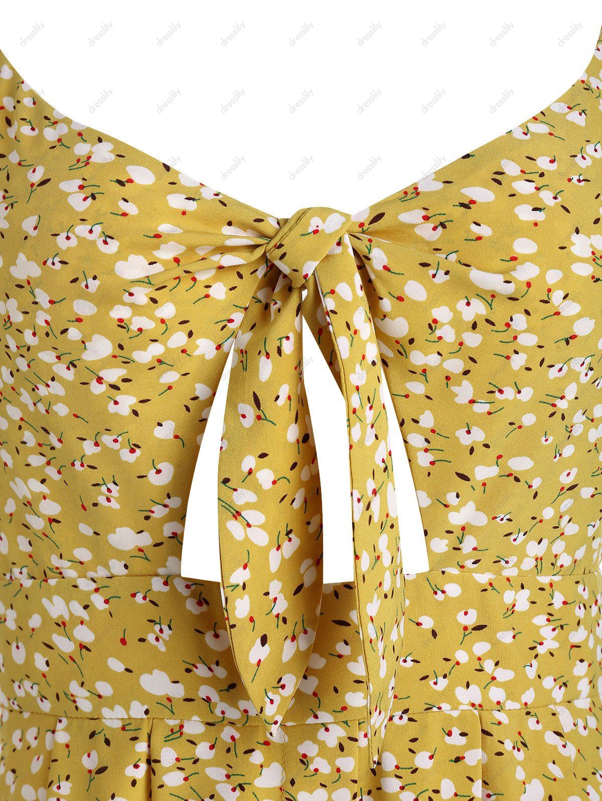 Robe Nouée Fleurie Imprimée à Bretelle Fine - Jaune Clair L