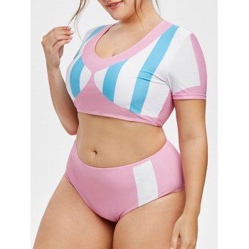 

Color Blocking Stripes Panel V Neck Plus Size Two Piece Swimwear, Pink