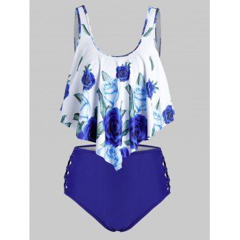 

Plus Size Crisscross Floral Print Overlay Tankini Swimwear, Ocean blue