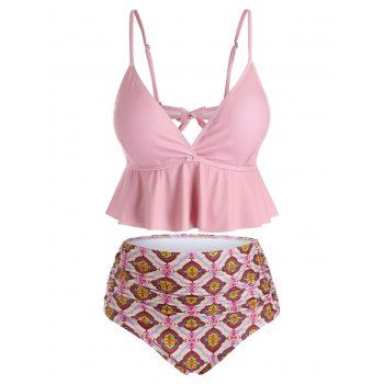 

Plus Size Back Tie Flounce Tribal Print Tankini Swimwear, Pink