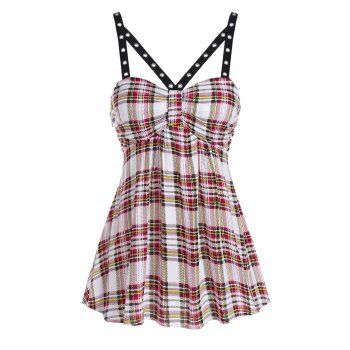 

Plaid Print Grommet Embellished Flare Tank Top, Milk white