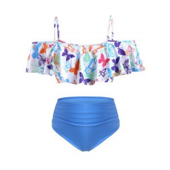 

Butterfly Print Flounce Plus Size Off Shoulder Tankini Swimwear, Dodger blue