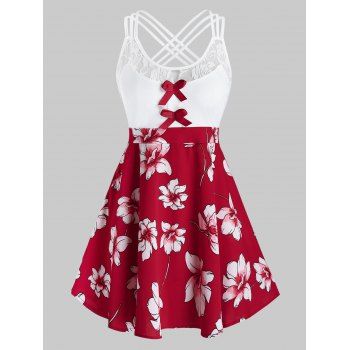 

Plus Size Lace Panel Bowknot Tank Top, Red