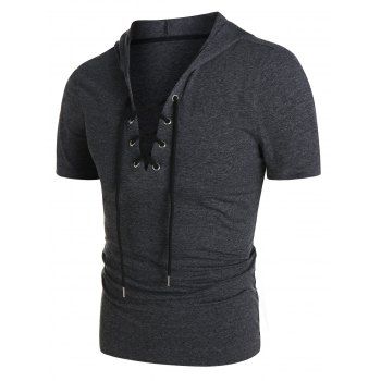 

Short Sleeve Lace-up Heathered Hoodie, Dark gray