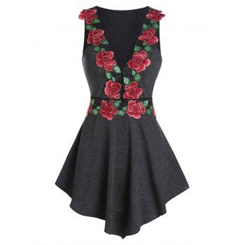 Flower Embroidered Pointed Hem Tank Top, Carbon gray