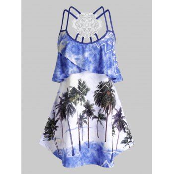 

Plus Size Palm Tree Print Ruffled Strappy Tank Top, White